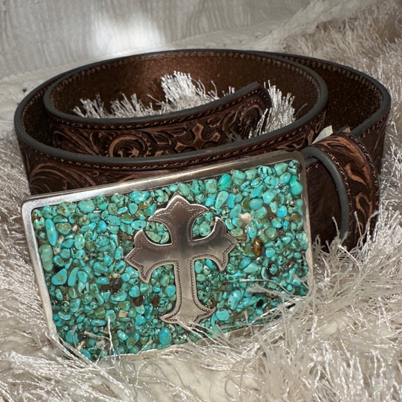 Nocona Turquoise Inlay Silver Cross Brown Leather Belt - Picture 5 of 8